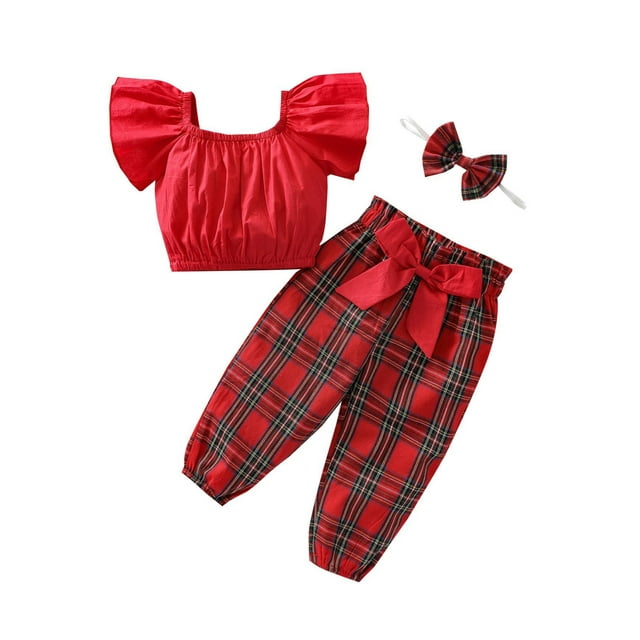 FOCUSNORM 3pcs Baby Girls Solid Color U-Neck Short Sleeve Tops+ Plaid Long Pants+ Headband