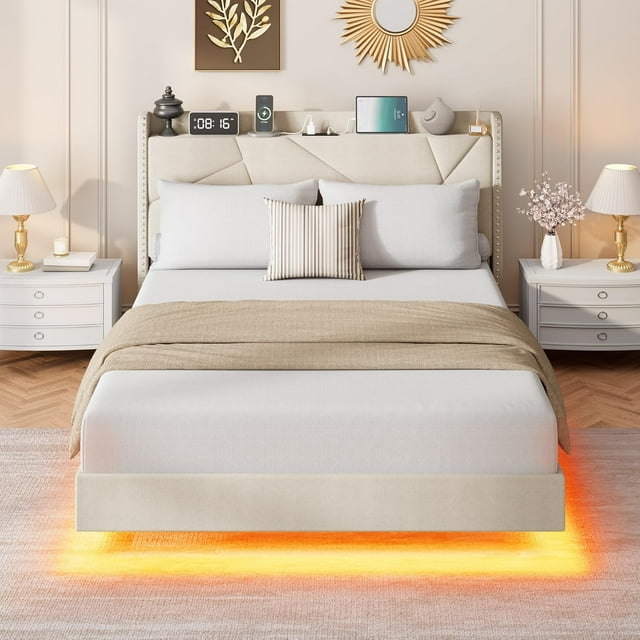 Cadre de Lit Flottant avec Lumières DEL RVB et Station de Recharge – Lit Plateforme Suspendu Rembourré avec Tête de Lit de Rangement (Double/Grand) – Aucun Sommier Requis