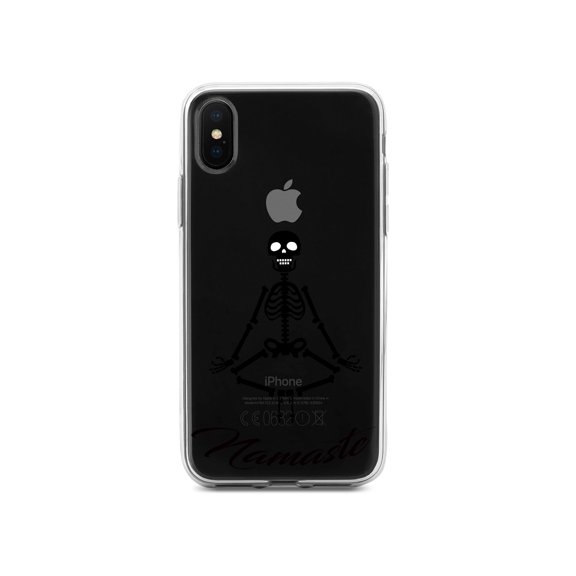 DistinctInk Clear Shockproof Hybrid Case for iPhone XS Max (6.5" Screen) - TPU Bumper, Acrylic Back, Tempered Glass Screen Protector - Namaste Yoga Skeleton