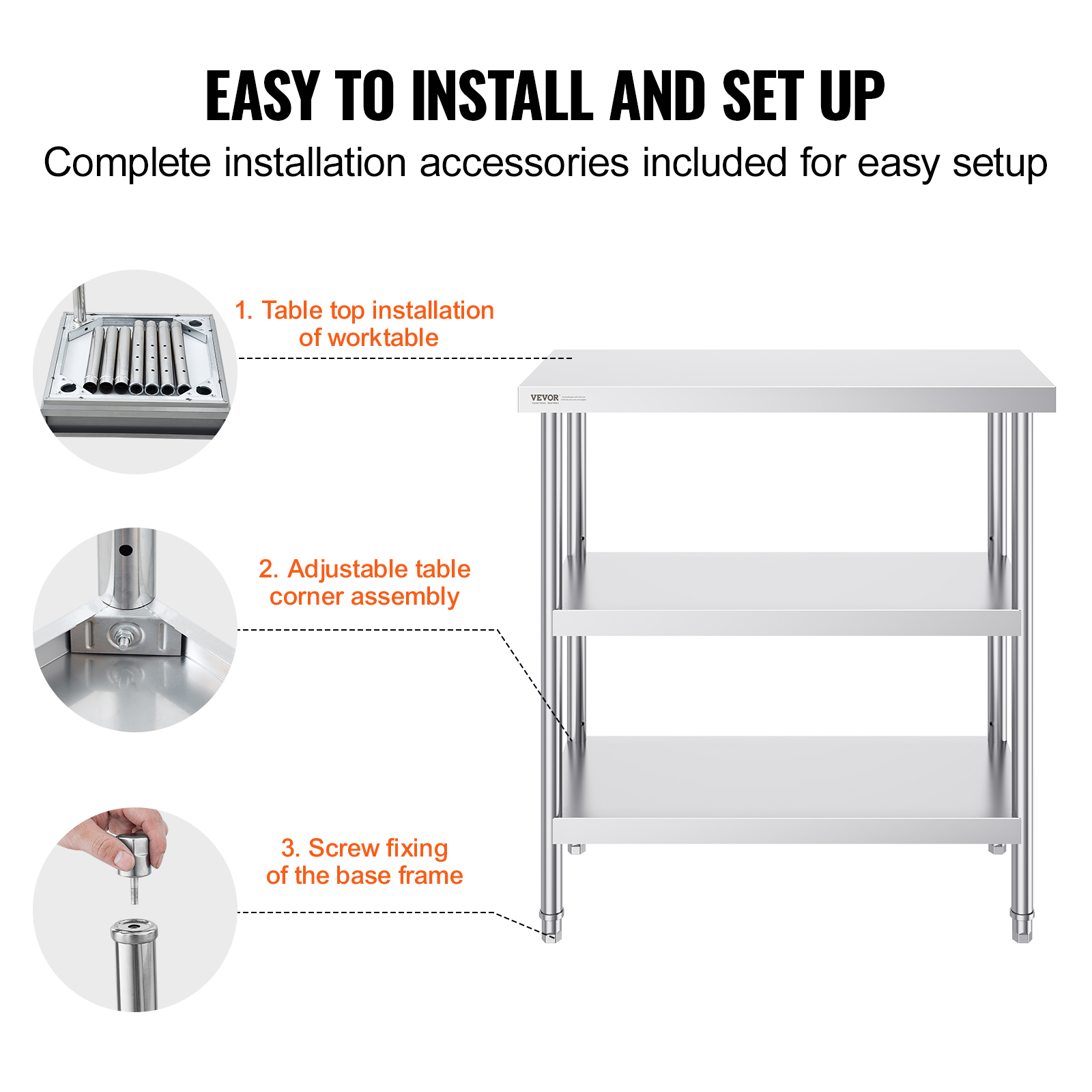 VEVOR Stainless Steel Food Prep Table, 18 x 36 x 34 Inch Commercial Kitchen Worktable, with 2 Adjustable Undershelf, Heavy Duty Prep Table Metal Work Table for BBQ, Kitchen, Home, and Garage
