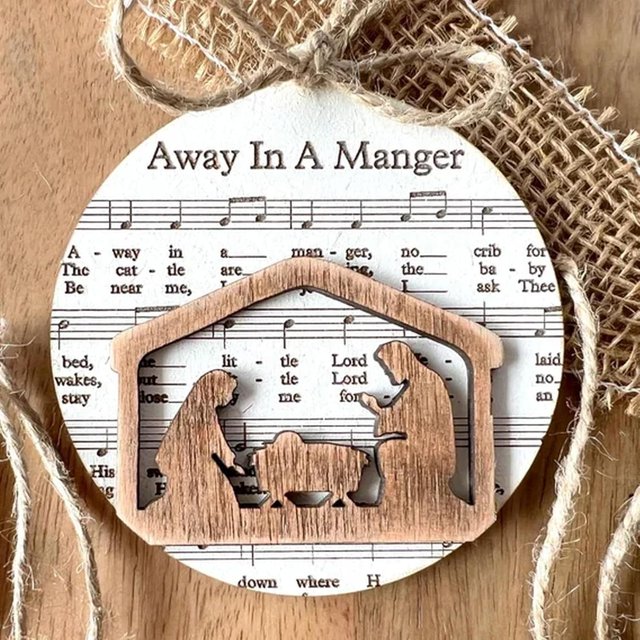 Adorno de natividad con partitura musical, adorno colgante de madera para natividad, regalos cristianos de Pascua, regalos religiosos para mujeres, regalos católicos para mamá y papá (Away in A Manger
