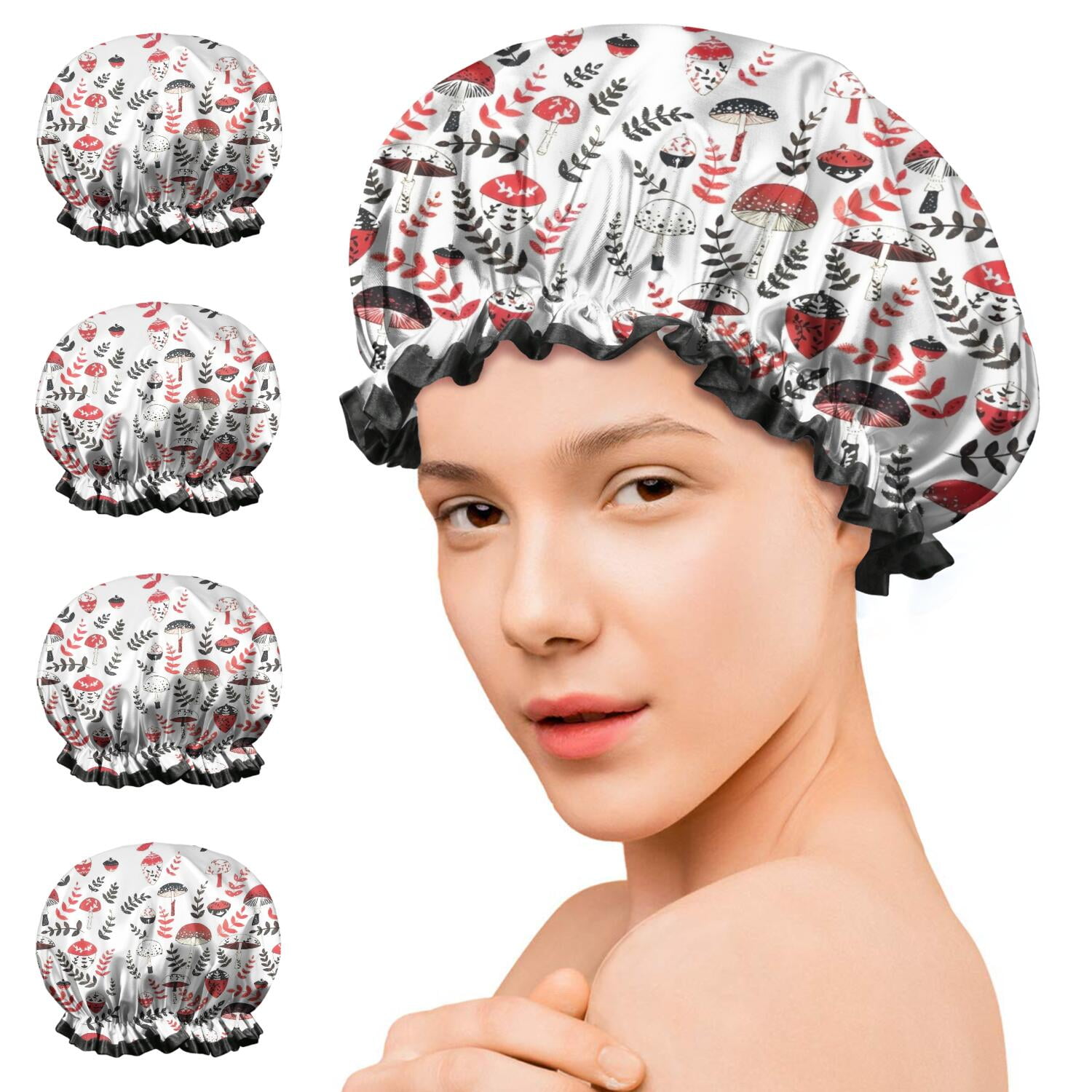 Shower Caps,Colorful Mushroom Floral White Pattern Waterproof Shower Cap for Women 4 Pieces,Double Reusable Hair Cover for Shower PEVA Elastic Stretch Hem