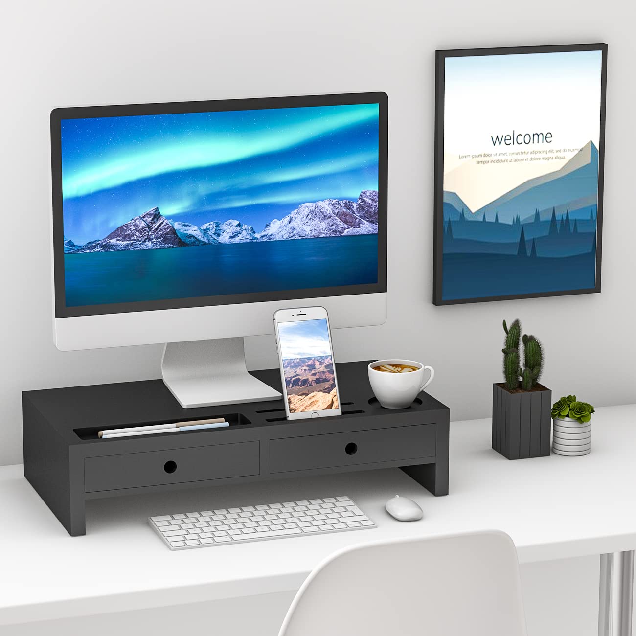 Bambloom Monitor Riser with 2 Drawers,Black Wood Monitor Stand for Computer, Laptop, Printer,Tv