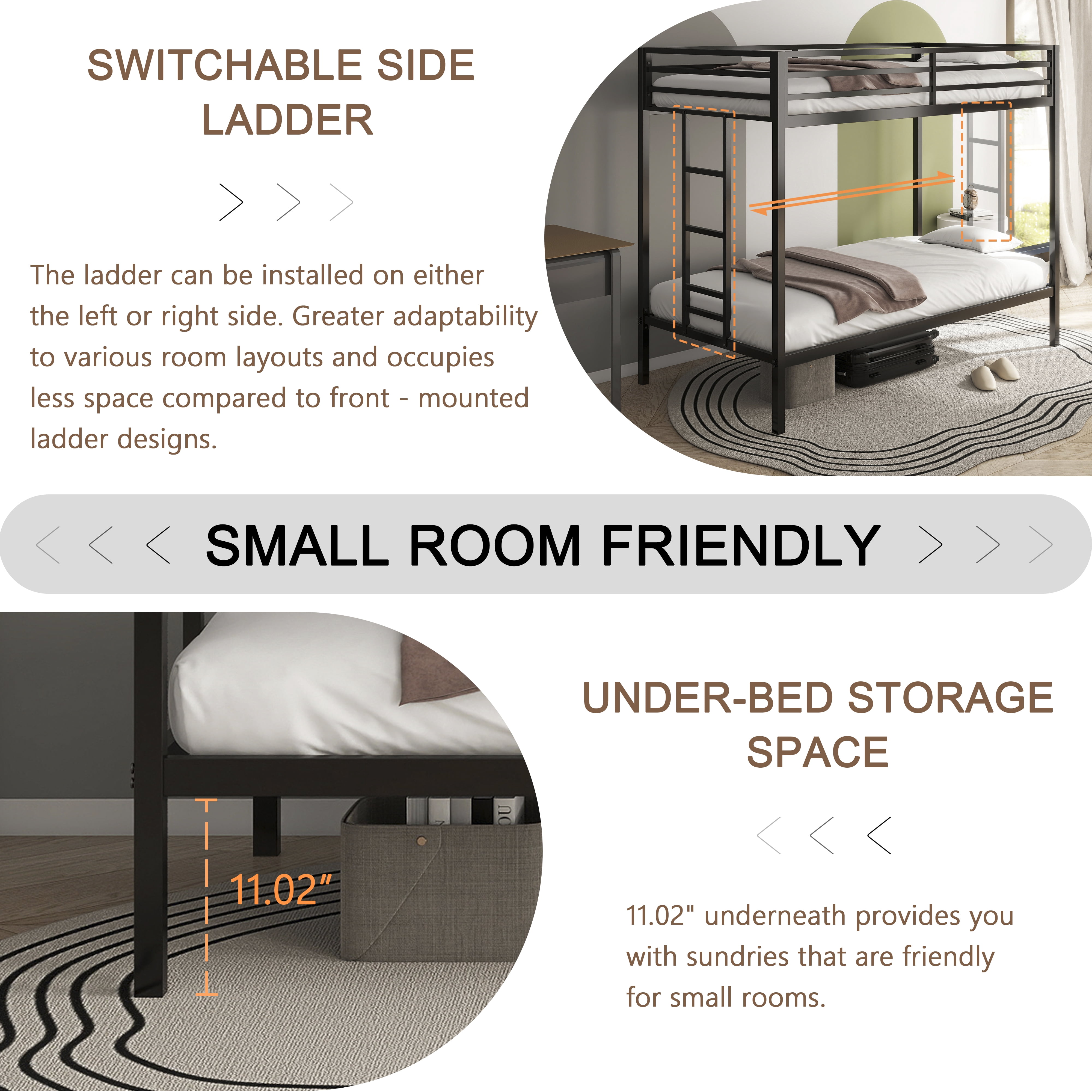 Twin Bunk Bed, Twin Over Twin Bunk Bed - Heavy-Duty Metal Frame with Full-Length Guardrails and Built-in Ladder, Low Noise Design, Easy Assembly, Space Saving for Bedroom, Black