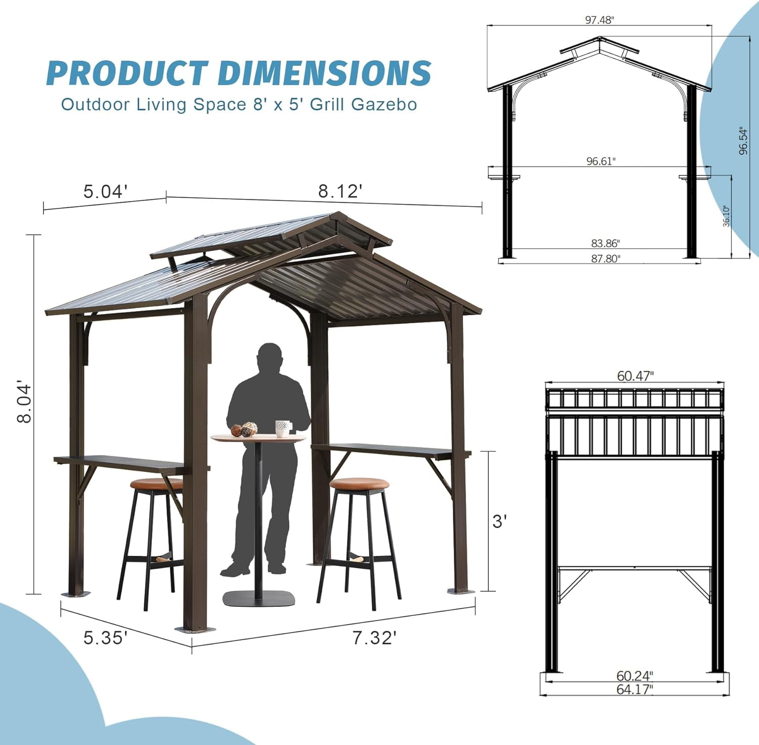Domi Outdoor Living 8x5FT Aluminum BBQ Gazebo Outdoor Metal Frame with Shelves Serving Tables, Permanent Double Roof Hardtop Gazebos for Patio ,Backyard and Garden (Brown)