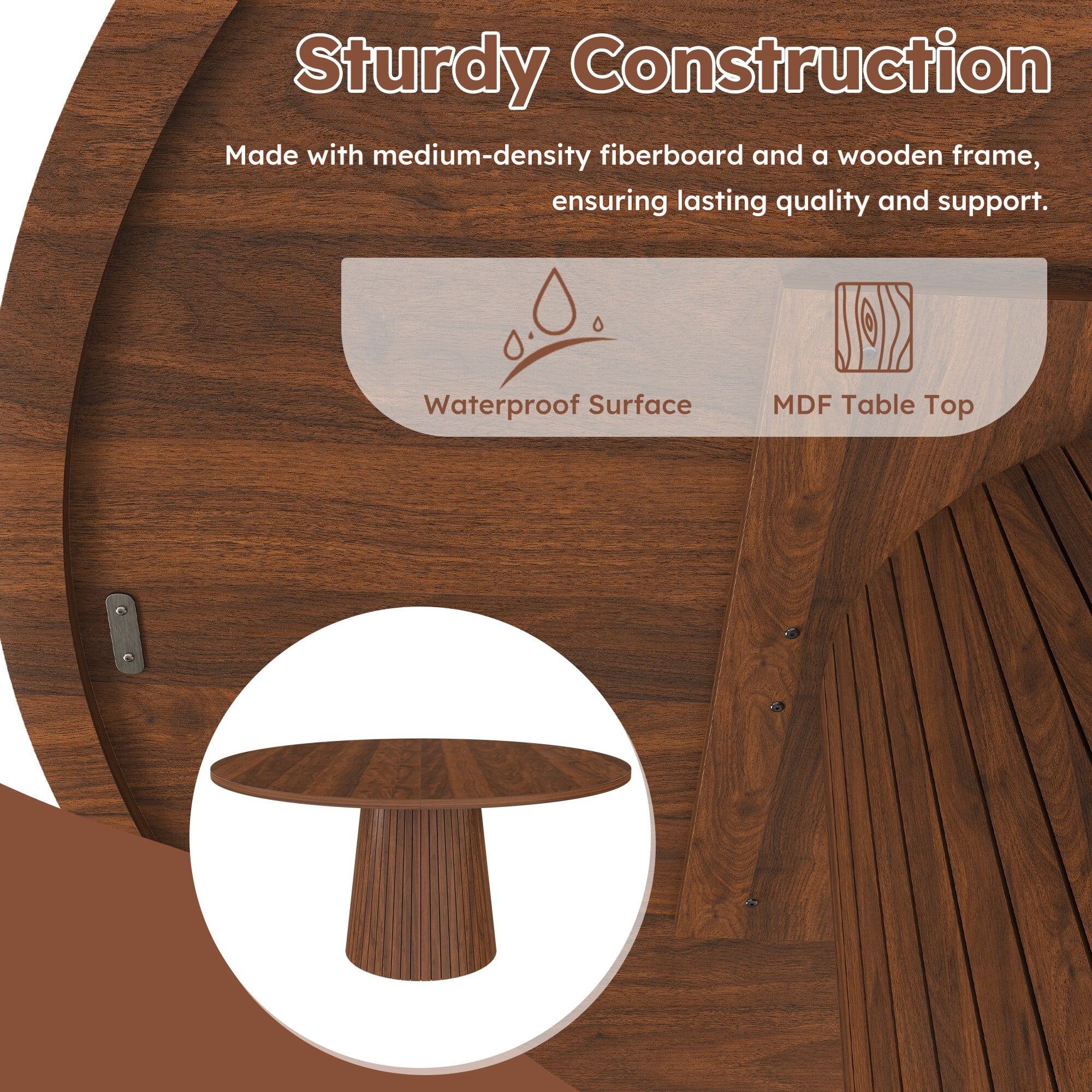 AENKYO 47" Round Dining Table for 4, Modern Farmhouse Pedestal Kitchen Table with Wood Strip Base, Walnut Finish