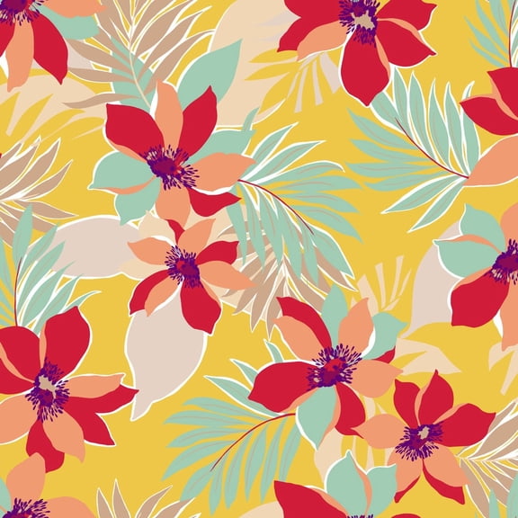 Venezia Fabric, Tangerine Large Flowers Design, Print Fabric by the Yard, Gold