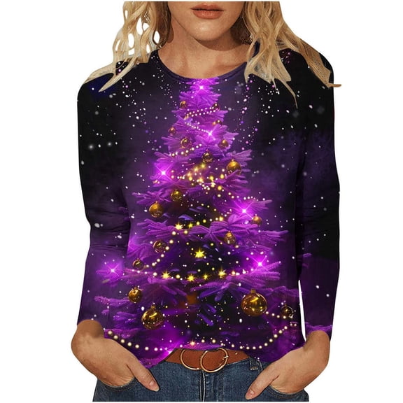 asdoklhq Women Long Sleeve Tops Christmas Christmas Women's Fashion Tees Casual Round Neck Loose T Shirt Long Sleeve Christmas Print Shirt Multicolor S
