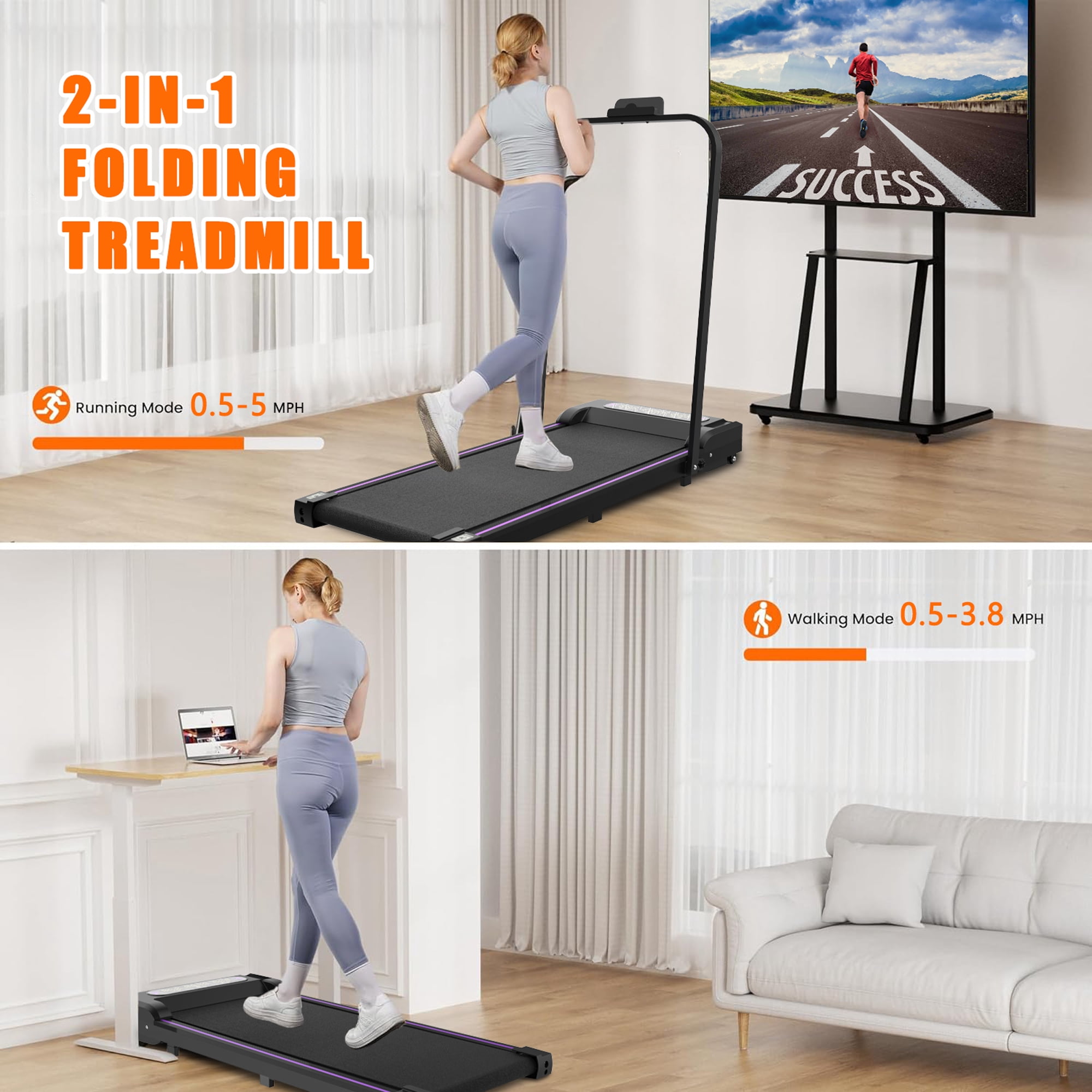 Jopath 2 in 1 Treadmill for Home,Portable Under Desk Treadmill with Handle Remote Control LED Display,Walking Jogging Machine for Home Office Use,Black