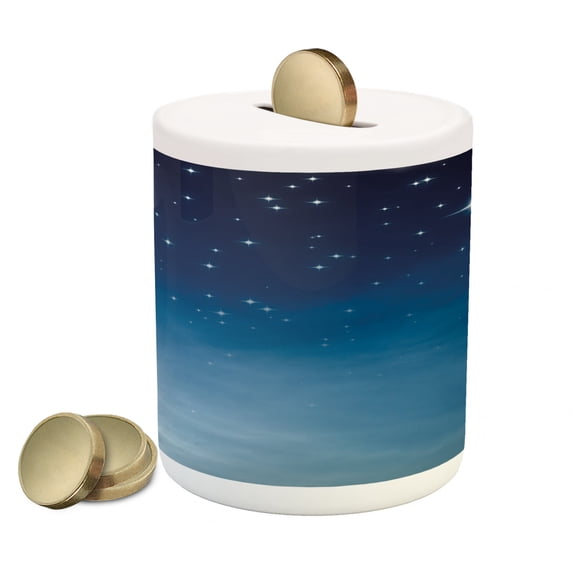 Night Piggy Bank, Ombre Inspired Sky Vibrant Stars Universe Astronomy Exploration, Ceramic Coin Bank Money Box for Cash Saving, 3.6" X 3.2", Pale Blue Dark Blue, by Ambesonne