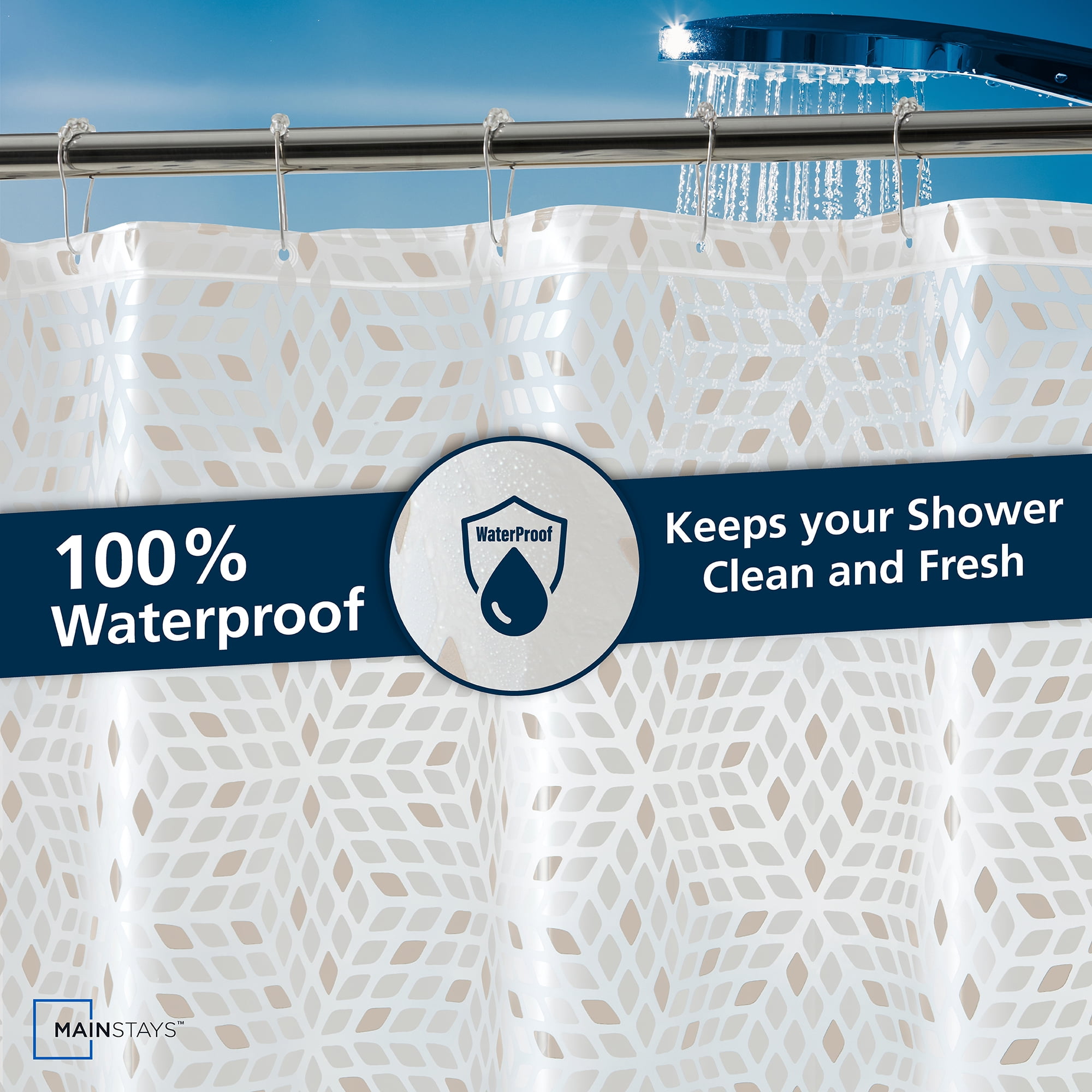 Mainstays Printed PEVA Shower Liner Set, 12 Metal Hooks 70"x72" - Beige Mosaic Diamond