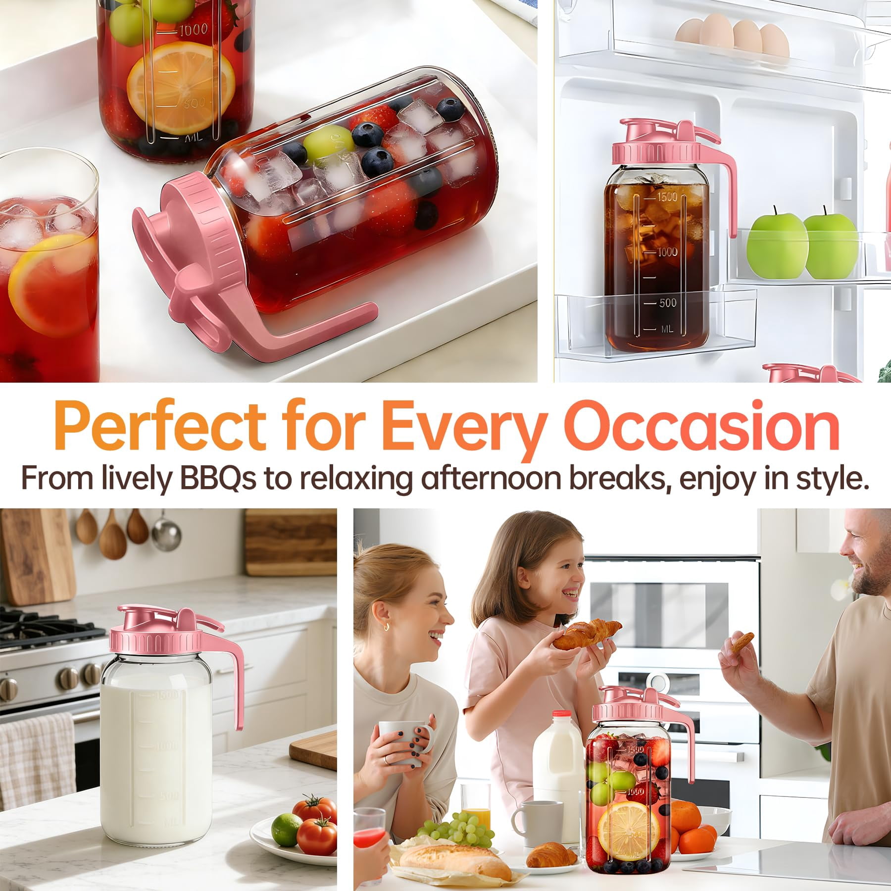 64oz Glass Pitcher With Lid & Spout - 2 Quart Mason Jars  Airtight Leakproof Breastmilk For Cold Brew Coffee Sun Tea Water Juice Wide Mouth Fridge Safe