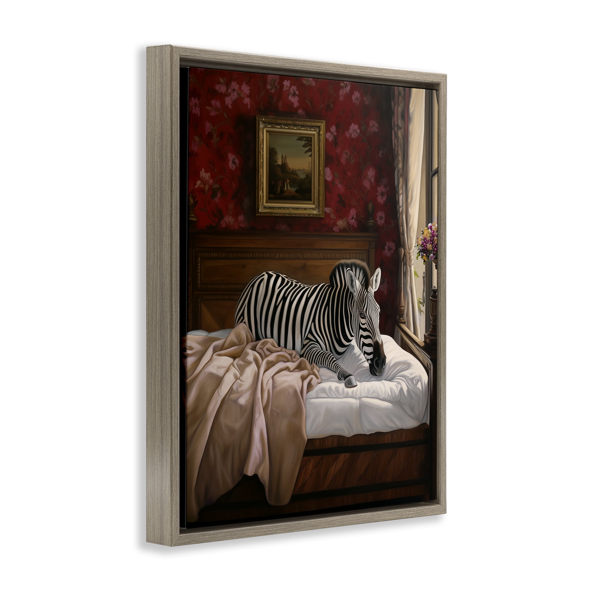 Stupell Industries Zebra on Regal Bed Animals Painting Brown Floater Framed Canvas Art Print Wall Art, 25 x 31
