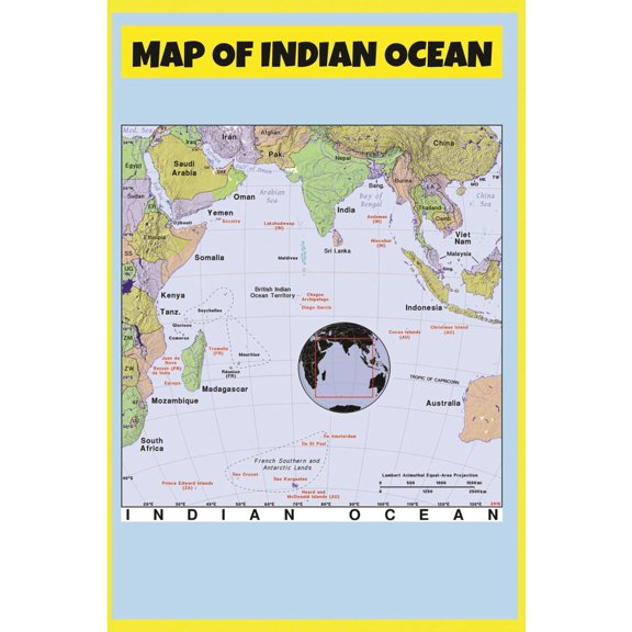 Map of Indian Ocean - Laminated Wall Map Poster Print Perfect for Classrooms and Homes - Vivid Imagery with Bright Colors - 18x24