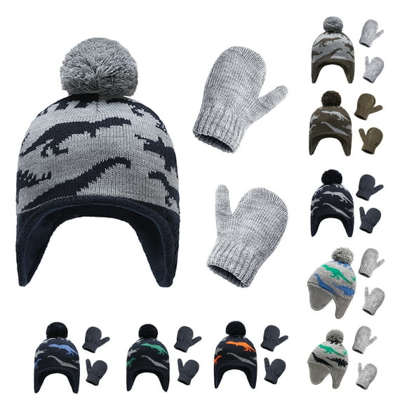 Ludlz Baby Knitted Hat Gloves Set Winter Warm Boys Girls Beanie Fleece Lined Toddler Kids Hat with Pompom