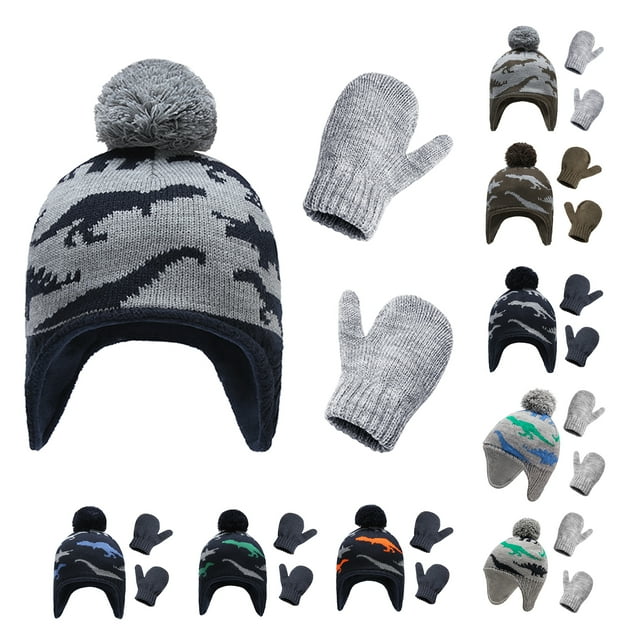 Cheers.US Baby Boy Hat Mittens Set Winter Warm Hat Knitted Beanie