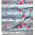 thumbnail image 1 of Soimoi Blue Modal Satin Fabric Red Berries & Floral Stripe Printed Fabric 1 Yard 42 Inch Wide, 1 of 3