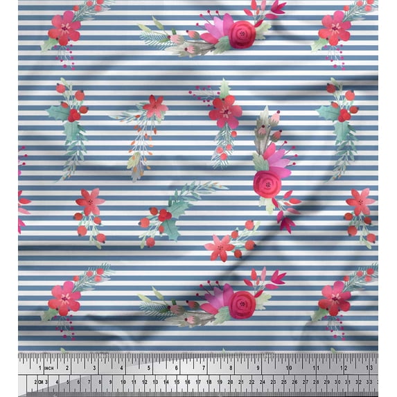 Soimoi Blue Modal Satin Fabric Red Berries & Floral Stripe Printed Fabric 1 Yard 42 Inch Wide
