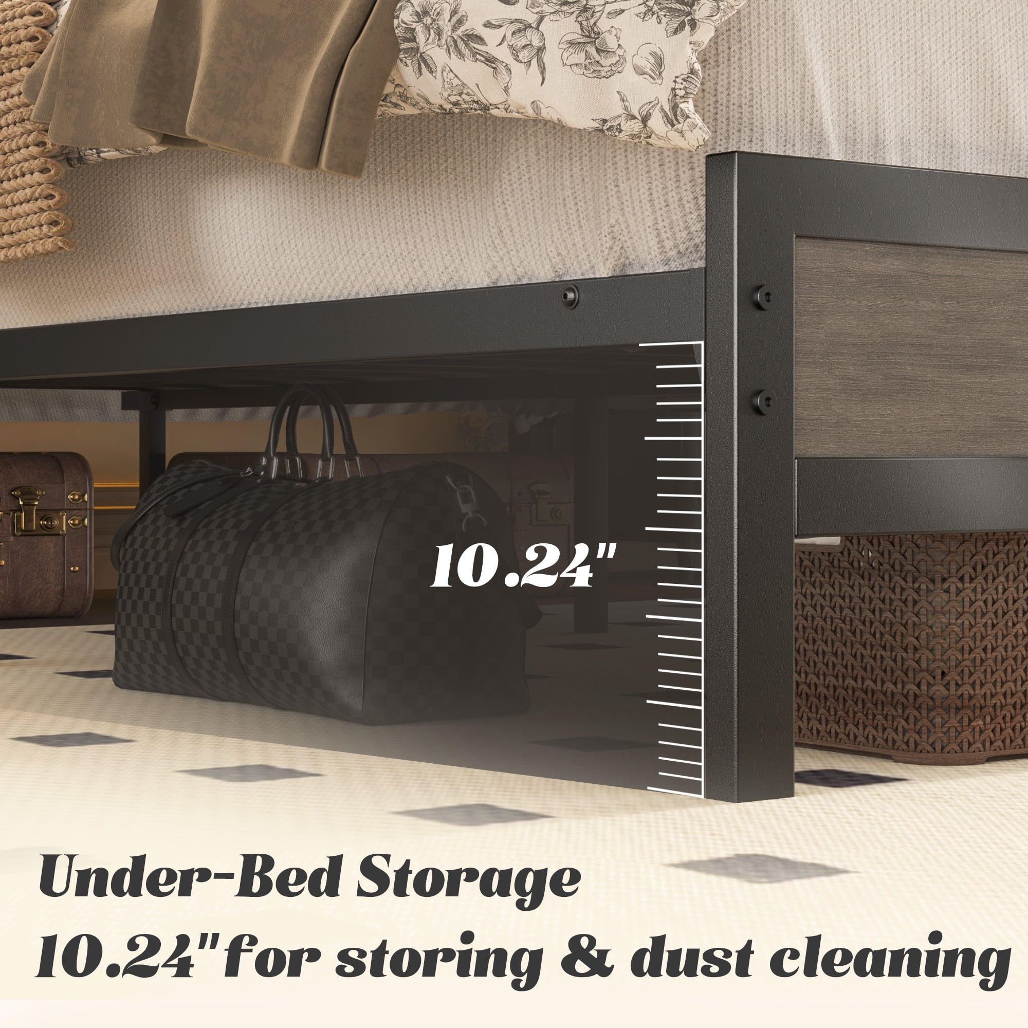 Full Bed Frame with Storage Headboard & Storage Drawer, Charging Station & LED Light, No Box Spring Needed, Noise Free, Easy Assembly, Gray