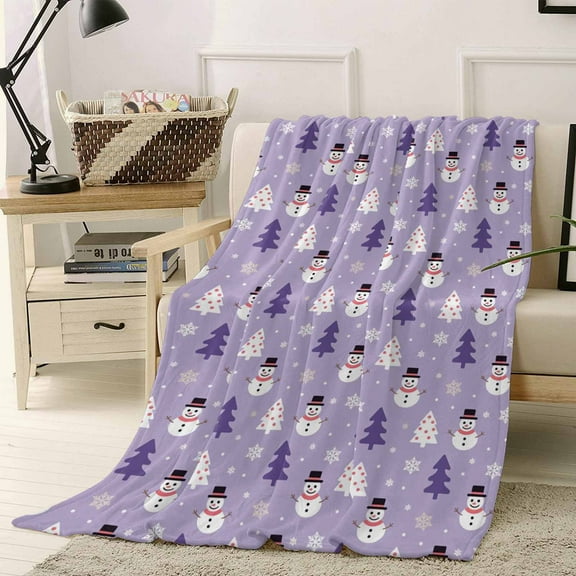 Christmas Purple Cartoon Snowman Xmas Tree Snowflakes Throw Flannel Blanket 40x50In Super Soft Cozy Bed Blanket, Lightweight Plush Fuzzy Bed Throw for Bedroom Sofa Couch Living Room