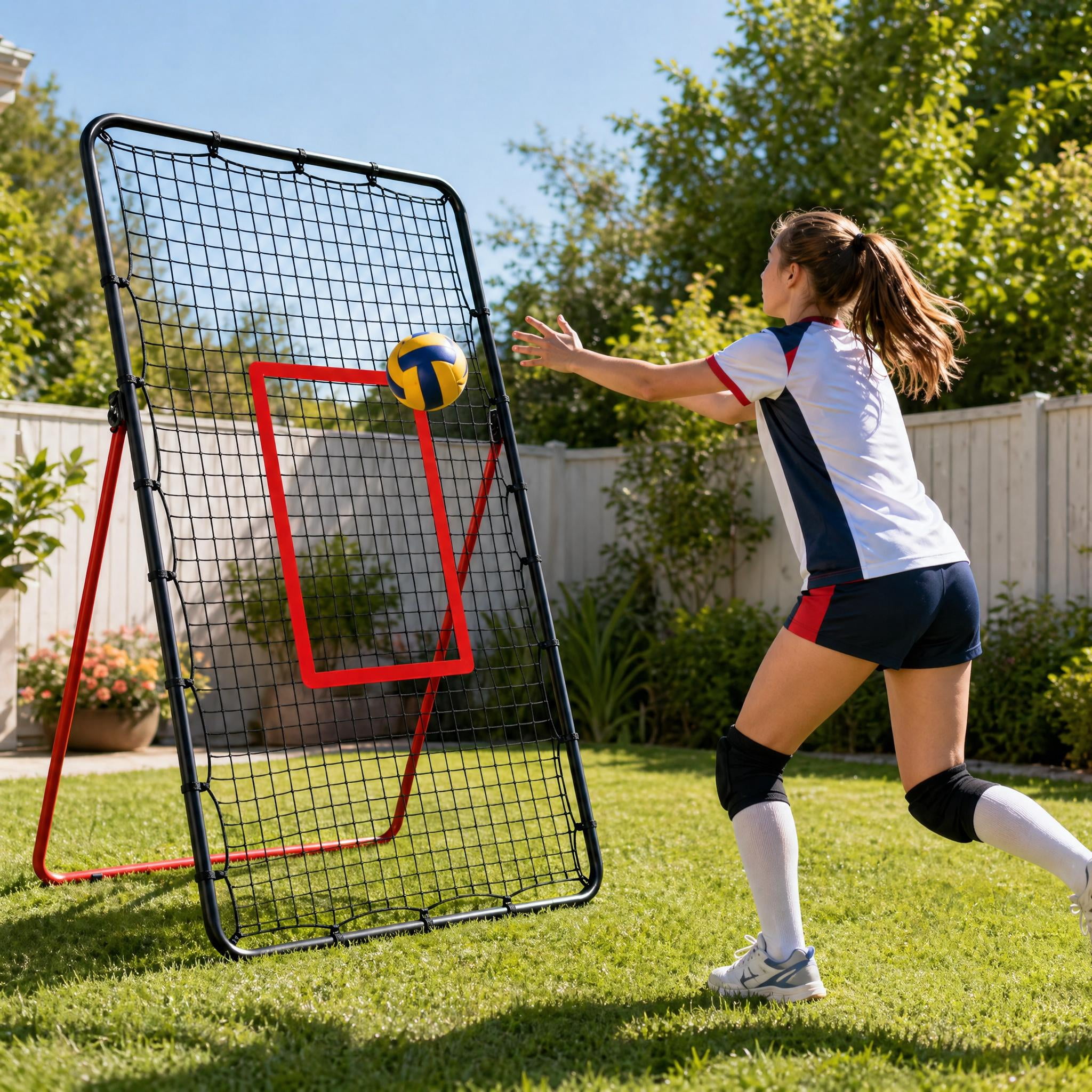 7x4 FT Volleyball Bounce Back Net, 5 Adjustable Angles, Foldable Heavy Duty Training Net with Ground Stakes, Red