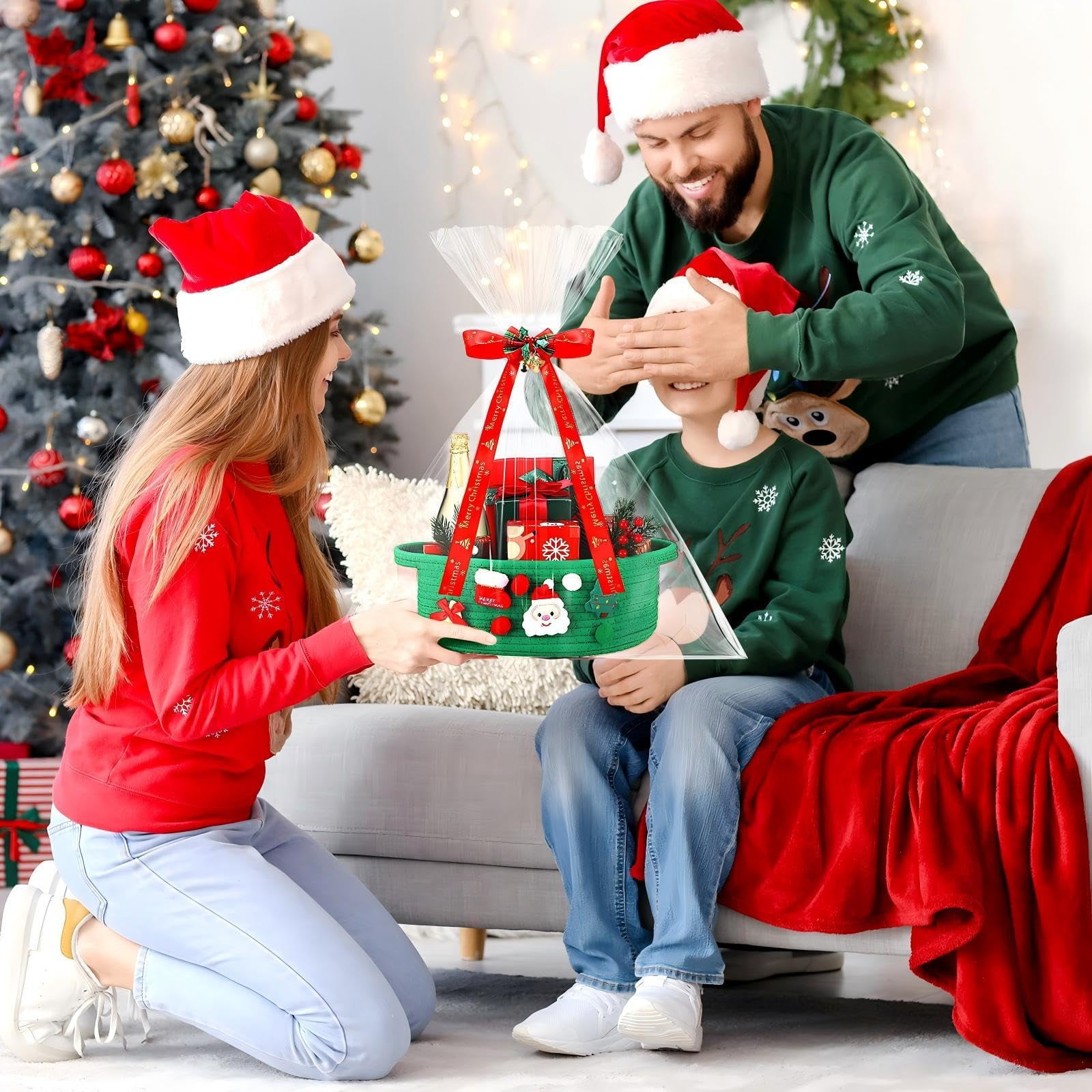 3 Set Christmas Basket Gift Set,Small Storage Basket for Gifts, Gift Baskets Empty, Baby Basket for Toys, Towels, Decorative Woven Rope Baskets for Christmas Holiday Decorations(Red,Classic)