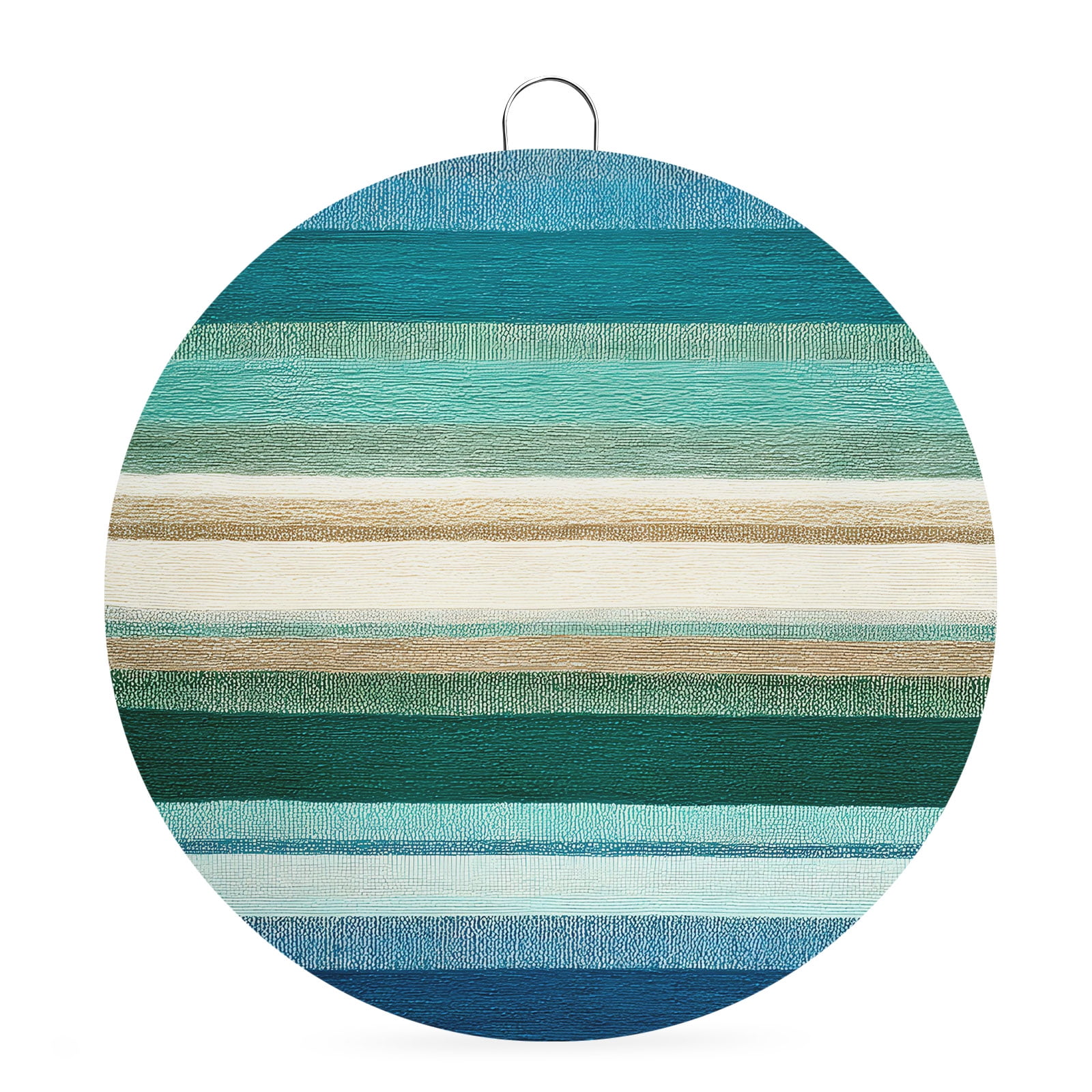Welcome Sign Front Door Decorations Teal Blue Striped Round Wall Art Outdoor Metal Wreaths Boho Watercolor Geometric Lines Seasonal Hanging Sign for Home Porch Decor Warming Gift 8 In
