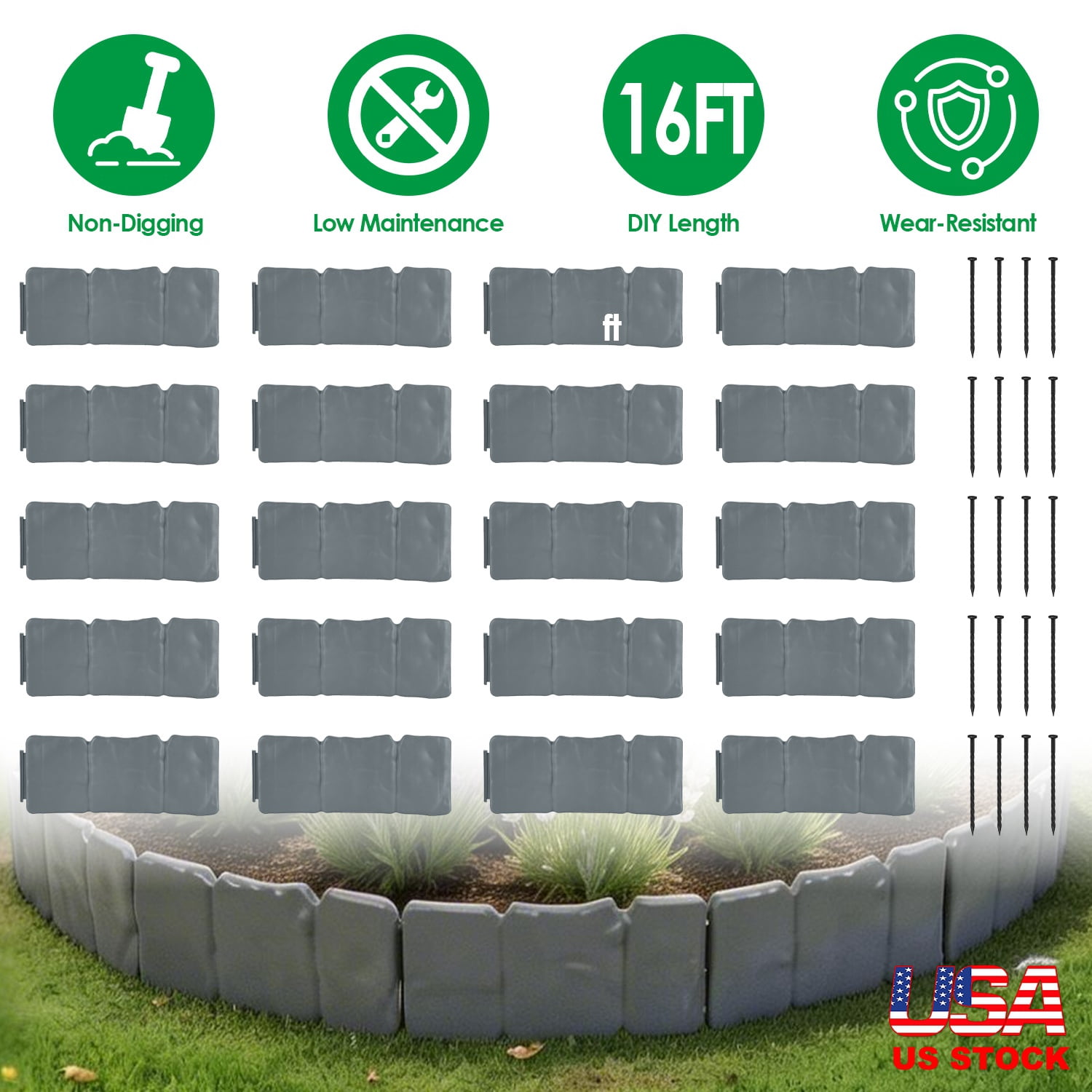 Teqhome 20Pcs Garden Edging Landscape Edging 16FT Plastic Faux Cobbled Stone Garden Borders with 20 Spikes Shovel Gloves for Flower Beds Pathways Tree Rings Yard Lawn