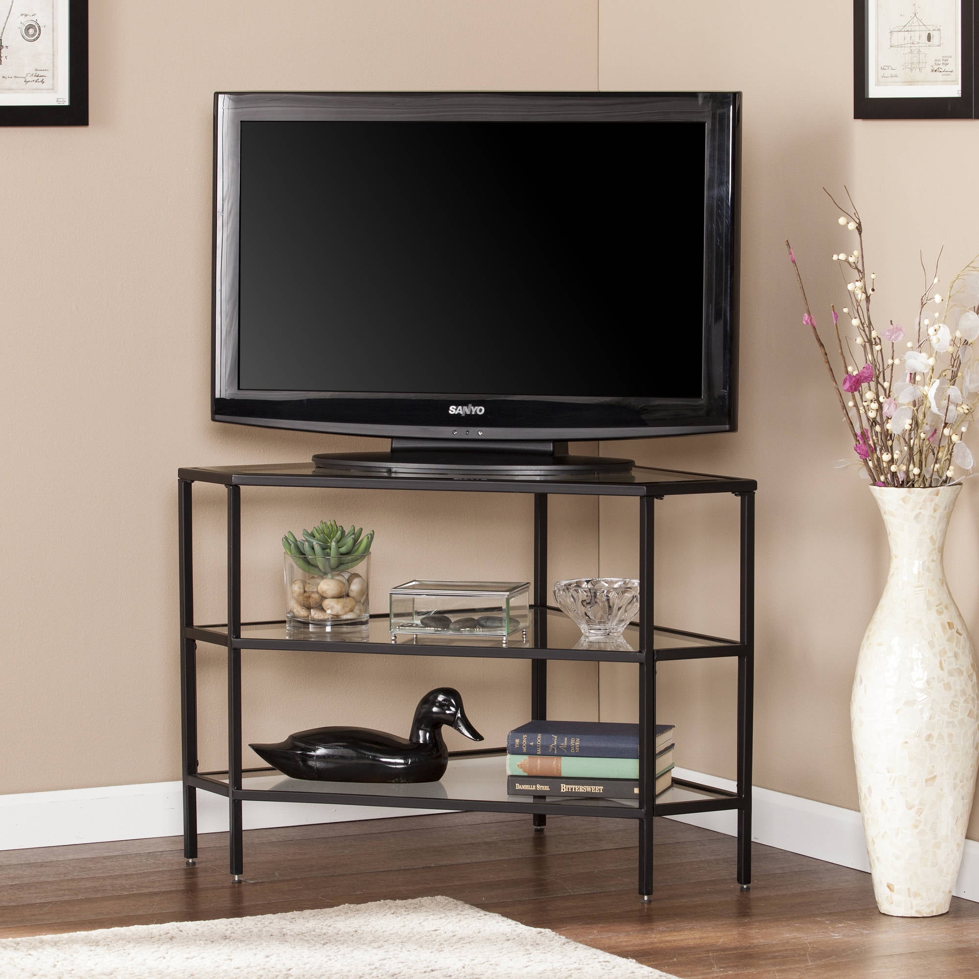 Matte Black Nealie Metal/Glass Corner TV Stand for TVs up to 32.5"