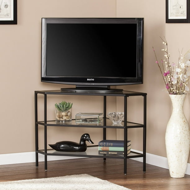 Matte Black Nealie Metal/Glass Corner TV Stand for TVs up to 32.5