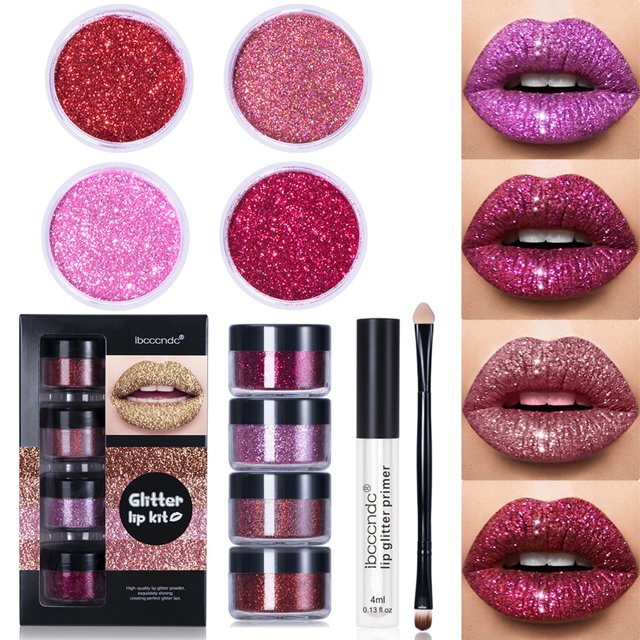ibcccndc 4 Colors Glitter Lip Kit Diamond Metallic High Pigmented Powder Long Lasting Waterproof