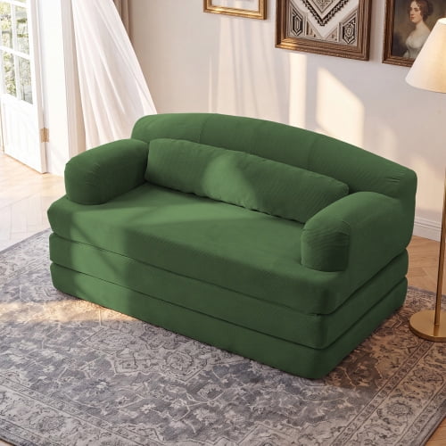 VEPXXP 57.1" Trifold Boneless Convertible Sofa Bed, Corduroy Futon Couch with Foldable Design, Space-Saving Floor Sofa for Living Room, Apartment, Grayish Green