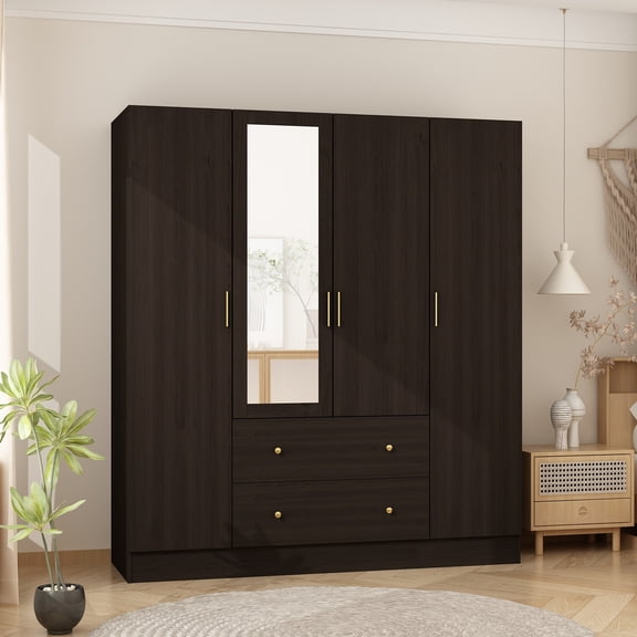 OxyLife 4 Door Wardrobe Armoire, Large Storage Cabinet with Mirror, 2 Drawers and Hanging Rod, White