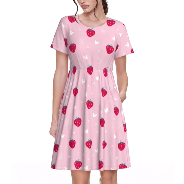 Balery Strawberry And Heart Vestidos sueltos de manga corta para mujer, vestidos de verano 2025, vestidos casuales de corte A con vuelo.