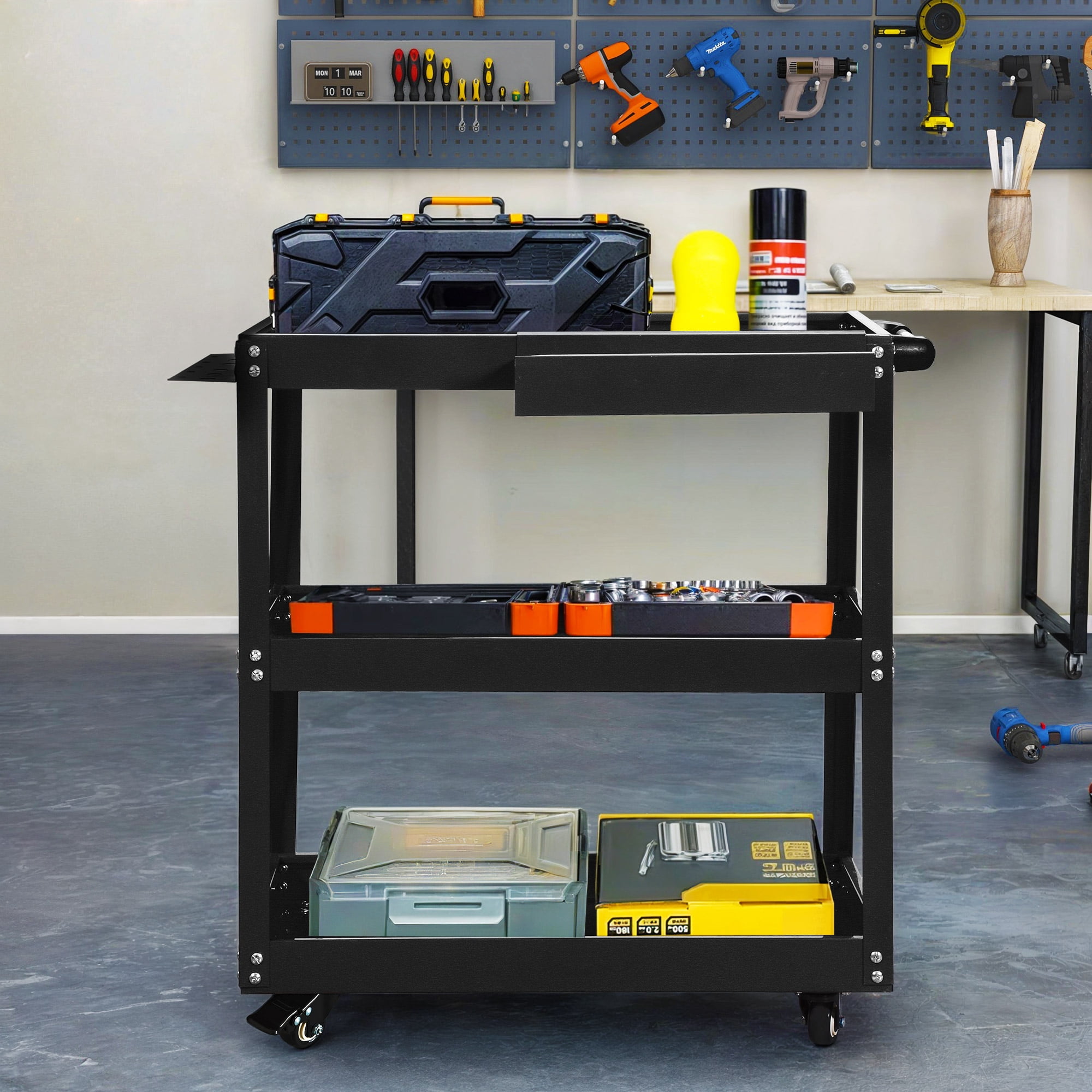 Uforic 3-Tier Metal Tool Cart, Rolling Service Cart with Hanging Board & Storage Box, Black