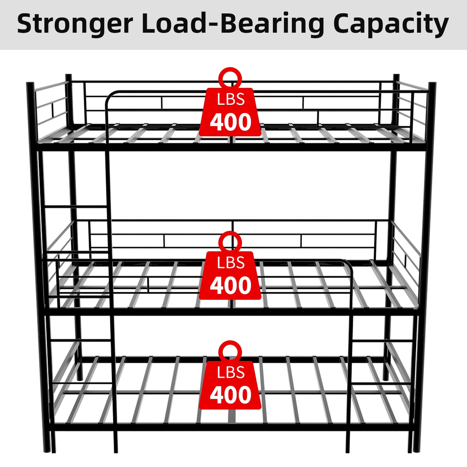 Alvantor Triple Bunk Bed Twin Over Twin Over Twin Metal 3-in-1 Bed for Kids Teens with Ladders and Safety Guardrails Black