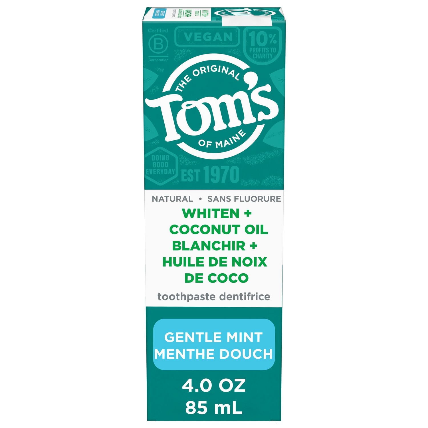 Tom’s of Maine Dentifrice sans Fluorure plus Blanchissant à l’Huile de Coco, Dentifrice Naturel, sans Causer de Sensibilité, Menthe Douce, 113 g