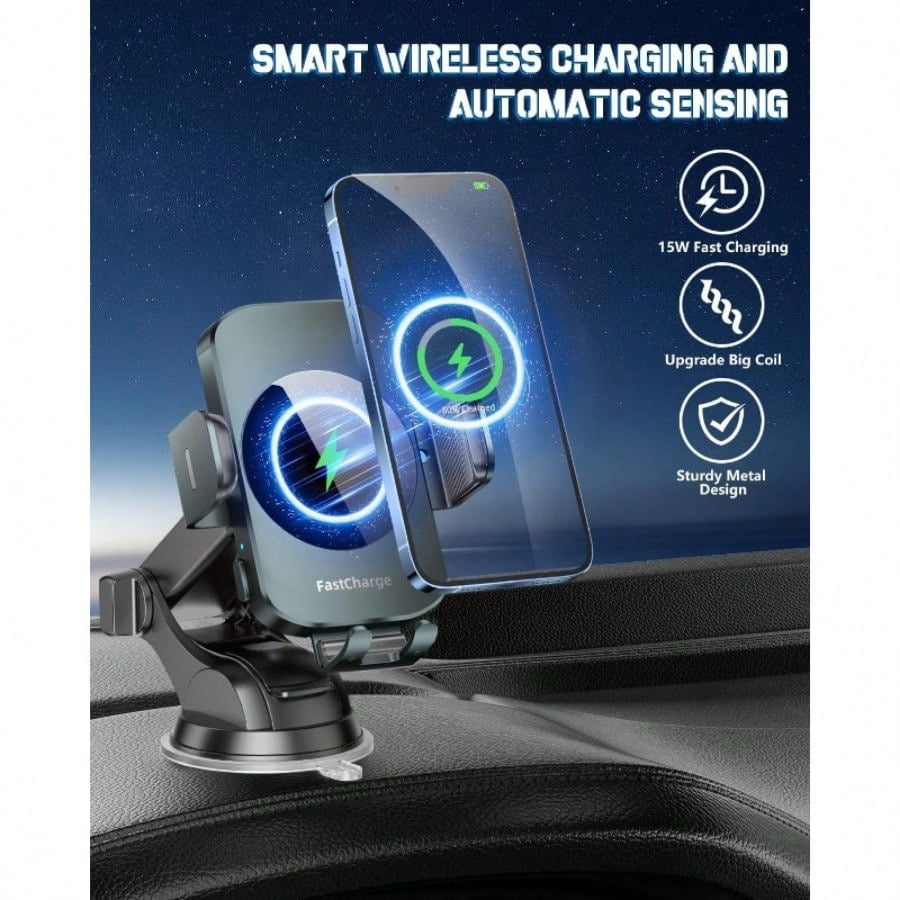 Wireless Car Charger, 15W Fast Charging Auto Clamping Car Charger Phone Mount Phone Holder fit for Iphone 16 15 14 13 12 Pro Max 11 XR XS Black