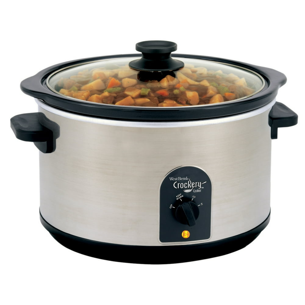 West Bend 85156 6Quart Round Crockery Slow Cooker, Stainless Steel