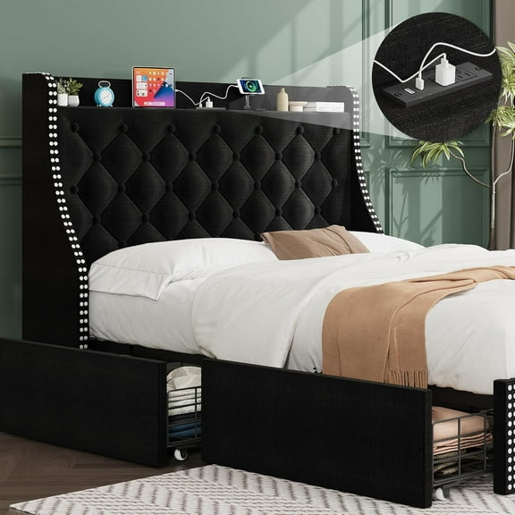 YUSAZENS Full Bed Frame with 4 Storage Drawers, Wingback Headboard, Charging Station, Diamond Design, No Box Spring Needed, Black