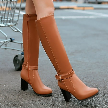 

Yinguo Women s Winter New Thick Heel High Heel Waterproof Platform Round Head High Leather Boots