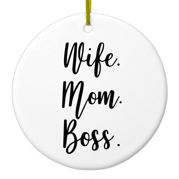 DistinctInk Hanging Ceramic Christmass Tree Ornament with Gold String - Great Gift / Present - 2 3/4 inch diameter - Wife. Mom. Boss.