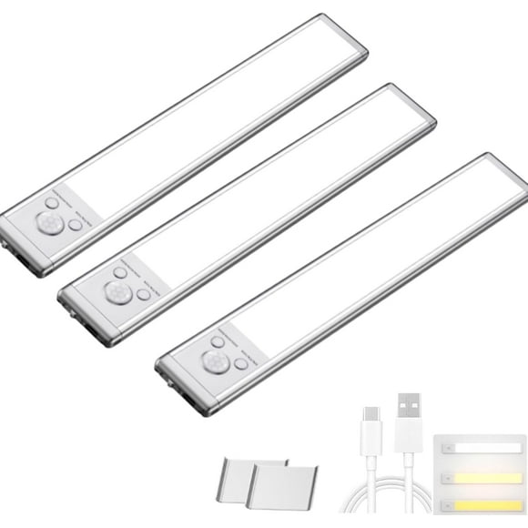 Lumières LED Rechargeables avec Détecteur de Mouvement, Capteur Intelligent Sans Perçage, Lumières LED Magnétiques Rechargeables, pour Placard Intérieur, Couloir, Cuisine (3 Pcs, 11.81 Po)
