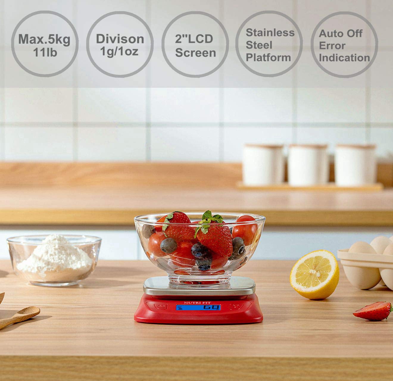 Ultra Slim Food Scale Digital Kitchen 1g Increment Measure in lb oz ml High Precision Weight in Grams and oz for Coffee Making, Meal Prep - Red/Stainless Steel