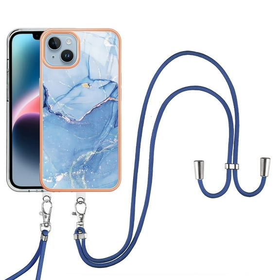 Mantto for iPhone 15 Case, with Lanyard Adjustable Strap, Marble Pattern Soft TPU Bumper Hard PC Back Shockproof Protective Glossy Stylish Durable Phone Case for Women Girls,Blue