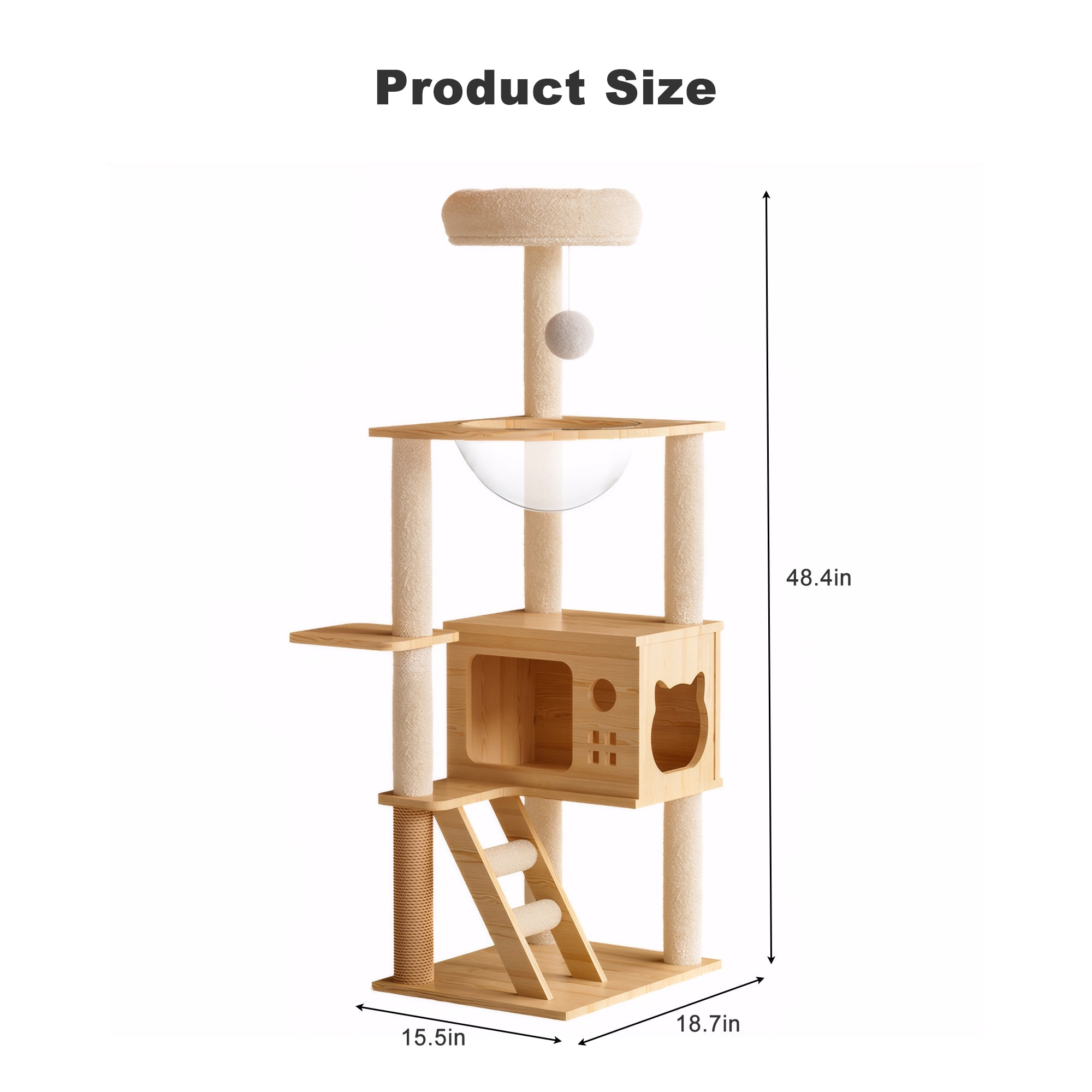 Cat Tree, 48.8 Inch Modern Cat Tower With Sisal-Covered Scratching Posts, Acrylic Hammock and Top Perch, Wood Cat Condo for Indoor Cats, Natural and White