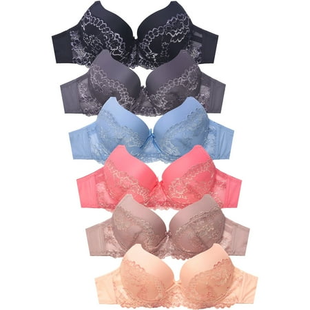 

LAVRA Women s 6-Pack Push Up Full Cup Brawith Lace Detailing Floral Lingerie Polyester-Spandex