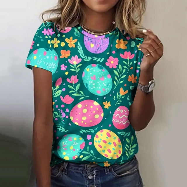 Ounisa T-Shirts à Manches Courtes pour Femmes Col Rond Lapin de Pâques Imprimé Mélange de Coton Coupe Ample 2026 Printemps Été Vacances Décontracté Confortable Tendance Grande Taille T-Shirts P-2TG