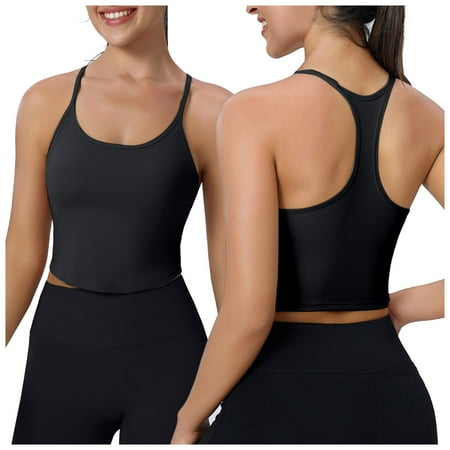 Gvdentm Womens Sports Bra Seamless Long Crop Tank Racer Back Spaghetti Strap Workout Yoga Bra Padded Halter Neck Casual Tops(Black L)