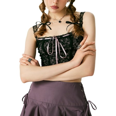 

Peyakidsaa Women s Sexy Lace Tops Sleeveless Tie-up Front Corset Bustier Top